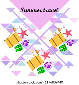 summer travel suitcase cocktail shell seashell star flip flops vector background