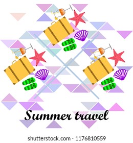 summer travel suitcase cocktail shell seashell star flip flops vector background