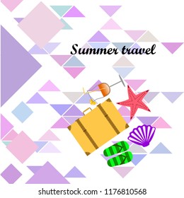 summer travel suitcase cocktail shell seashell star flip flops vector background