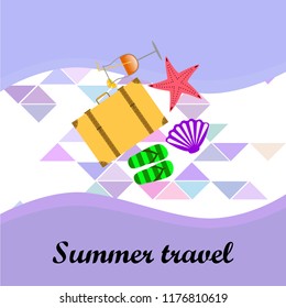 summer travel suitcase cocktail shell seashell star flip flops vector background
