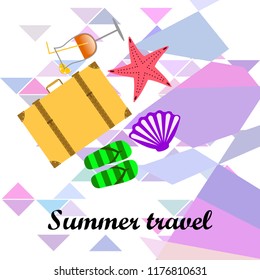 summer travel suitcase cocktail shell seashell star flip flops vector background