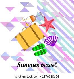 summer travel suitcase cocktail shell seashell star flip flops vector background