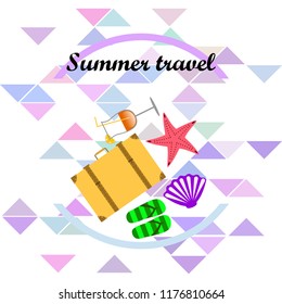 summer travel suitcase cocktail shell seashell star flip flops vector background