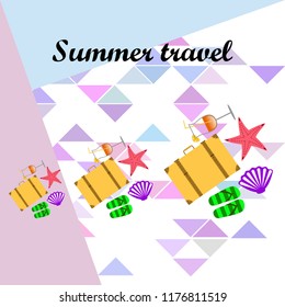 summer travel suitcase cocktail shell seashell star flip flops vector background