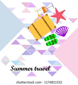 summer travel suitcase cocktail shell seashell star flip flops vector background