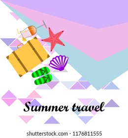 summer travel suitcase cocktail shell seashell star flip flops vector background