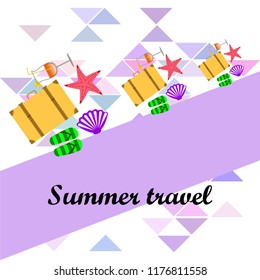 summer travel suitcase cocktail shell seashell star flip flops vector background