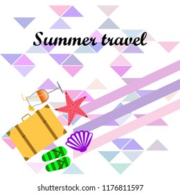 summer travel suitcase cocktail shell seashell star flip flops vector background