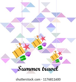 summer travel suitcase cocktail shell seashell star flip flops vector background