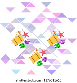 summer travel suitcase cocktail shell seashell star flip flops vector background