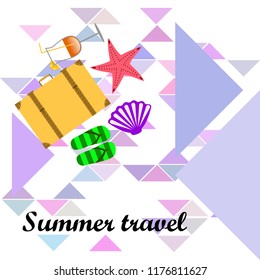 summer travel suitcase cocktail shell seashell star flip flops vector background