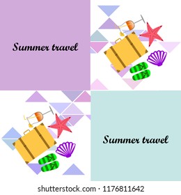 summer travel suitcase cocktail shell seashell star flip flops vector background
