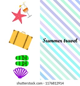 summer travel suitcase cocktail shell seashell star flip flops vector background