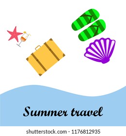 summer travel suitcase cocktail shell seashell star flip flops vector background