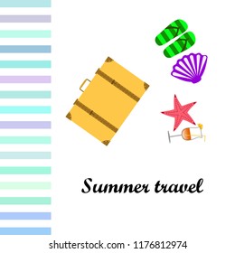 summer travel suitcase cocktail shell seashell star flip flops vector background