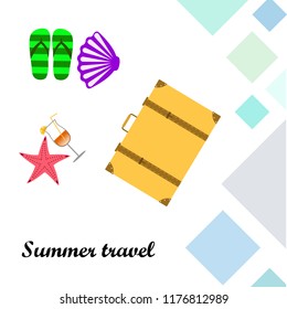 summer travel suitcase cocktail shell seashell star flip flops vector background