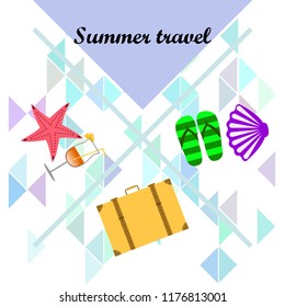 summer travel suitcase cocktail shell seashell star flip flops vector background
