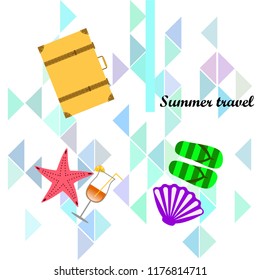 summer travel suitcase cocktail shell seashell star flip flops vector background