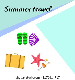 summer travel suitcase cocktail shell seashell star flip flops vector background