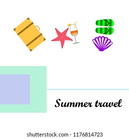 summer travel suitcase cocktail shell seashell star flip flops vector background