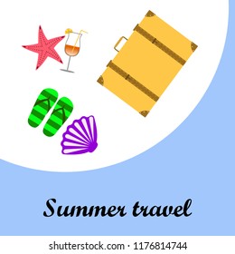 summer travel suitcase cocktail shell seashell star flip flops vector background