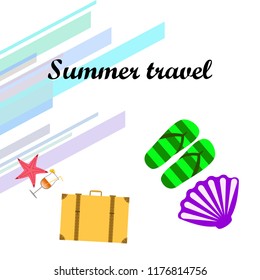 summer travel suitcase cocktail shell seashell star flip flops vector background