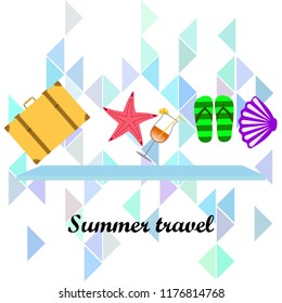 summer travel suitcase cocktail shell seashell star flip flops vector background