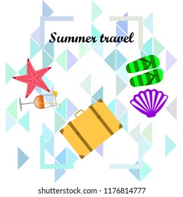 summer travel suitcase cocktail shell seashell star flip flops vector background