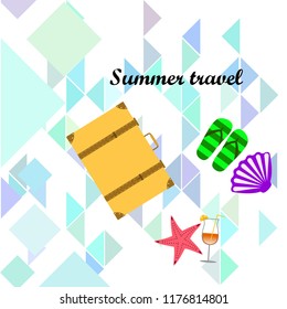 summer travel suitcase cocktail shell seashell star flip flops vector background