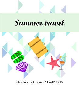summer travel suitcase cocktail shell seashell star flip flops vector background