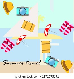 summer travel suitcase hat flip-flops umbrella camera vector background