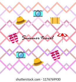 summer travel suitcase hat flip-flops umbrella camera vector background