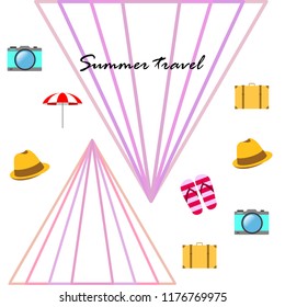 summer travel suitcase hat flip-flops umbrella camera vector background
