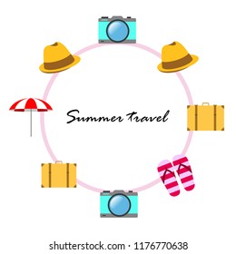 summer travel suitcase hat flip-flops umbrella camera vector background