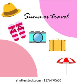 summer travel suitcase hat flip-flops umbrella camera vector background