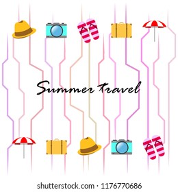 summer travel suitcase hat flip-flops umbrella camera vector background