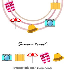 summer travel suitcase hat flip-flops umbrella camera vector background