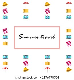 summer travel suitcase hat flip-flops umbrella camera vector background