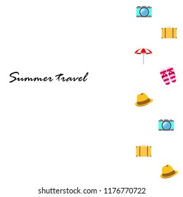 summer travel suitcase hat flip-flops umbrella camera vector background