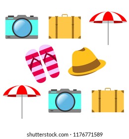 summer travel suitcase hat flip-flops umbrella camera vector background