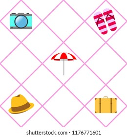 summer travel suitcase hat flip-flops umbrella camera vector background