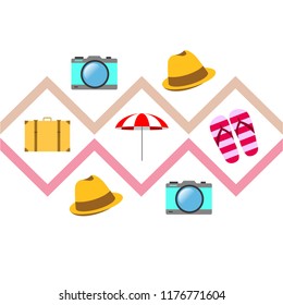 summer travel suitcase hat flip-flops umbrella camera vector background