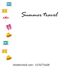 summer travel suitcase hat flip-flops umbrella camera vector background