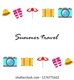summer travel suitcase hat flip-flops umbrella camera vector background