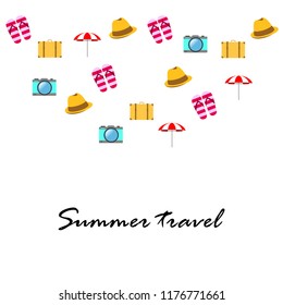 summer travel suitcase hat flip-flops umbrella camera vector background