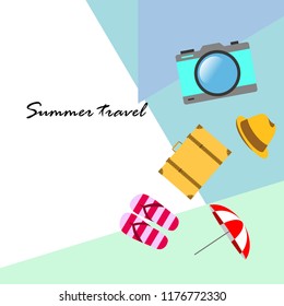 summer travel suitcase hat flip-flops umbrella camera vector background