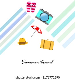 summer travel suitcase hat flip-flops umbrella camera vector background
