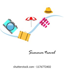 summer travel suitcase hat flip-flops umbrella camera vector background