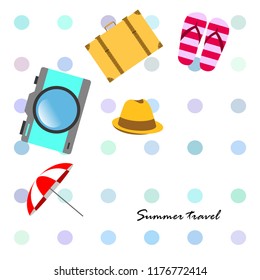 summer travel suitcase hat flip-flops umbrella camera vector background