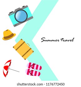 summer travel suitcase hat flip-flops umbrella camera vector background